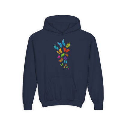Youth Heavy Blend Hooded Sweatshirt - Group of colorful butterflies Printify
