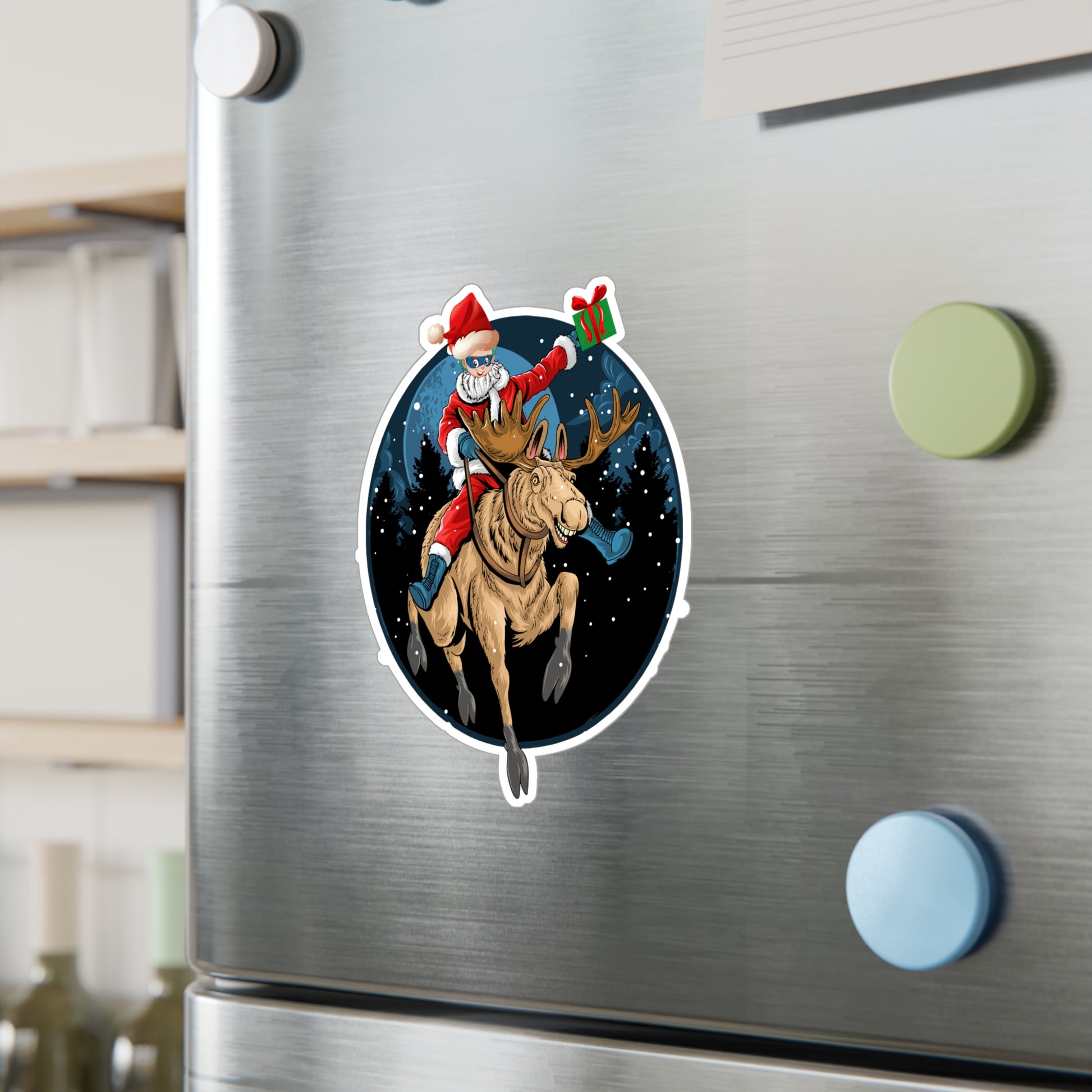 Christmas Kiss-Cut Vinyl Decals – Super kiddo riding a reindeer - [[{"value":"Wonderwear Kid"}]]