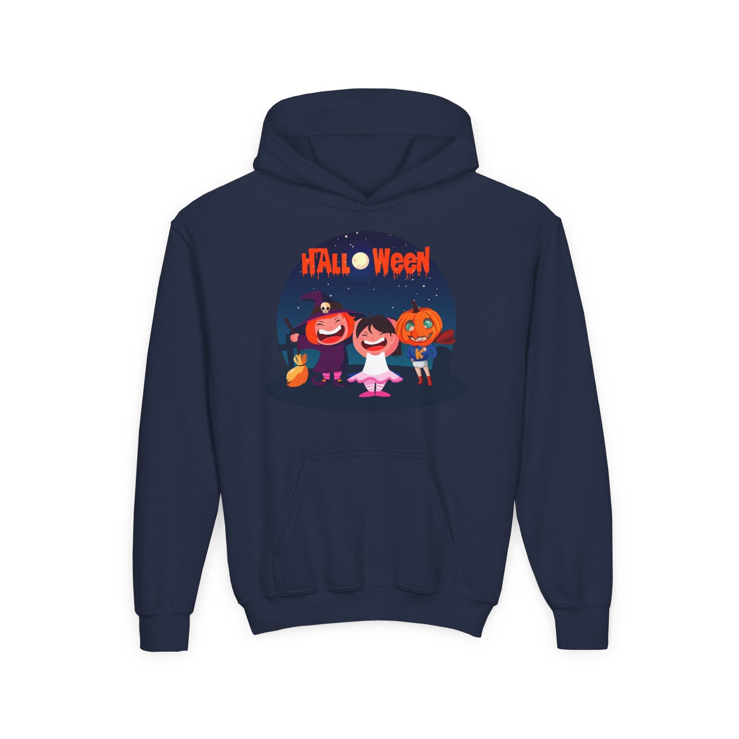 Youth Heavy Blend Hooded Sweatshirt - Super kiddo wearing pumpkin