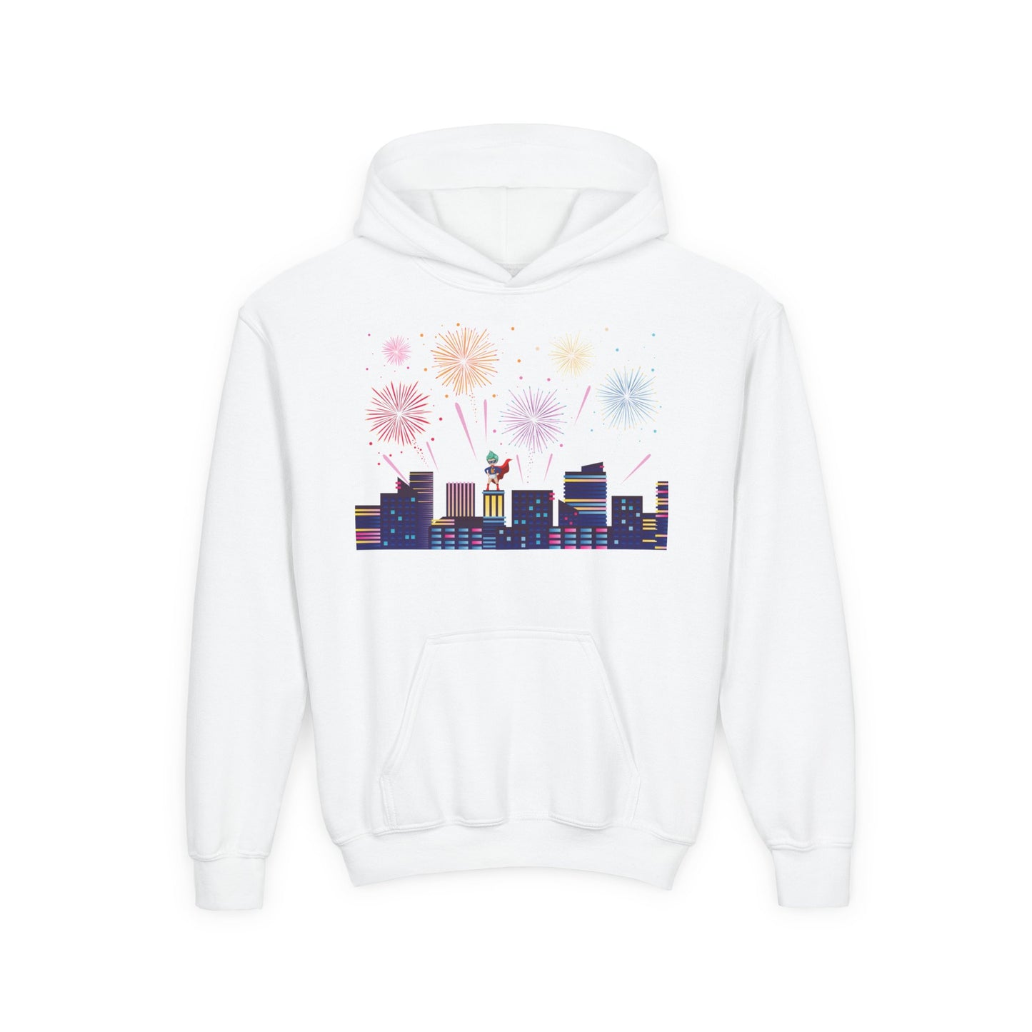 Youth Heavy Blend Hooded Sweatshirt - Super kiddo with fireworks