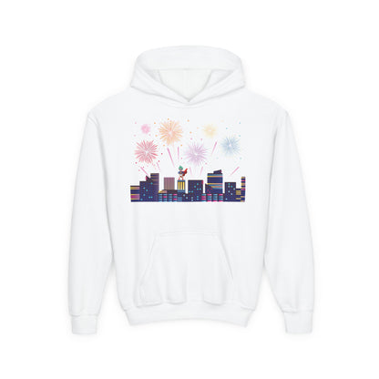 Youth Heavy Blend Hooded Sweatshirt - Super kiddo with fireworks - [[{"value":"Wonderwear Kid"}]]