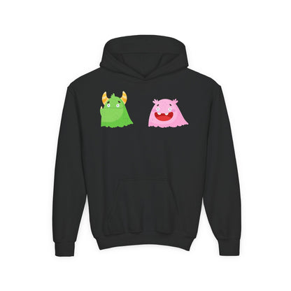 Youth Heavy Blend Hooded Sweatshirt - Green and pink monsters Printify