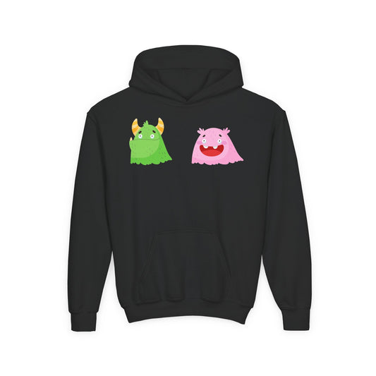 Youth Heavy Blend Hooded Sweatshirt - Green and pink monsters Printify