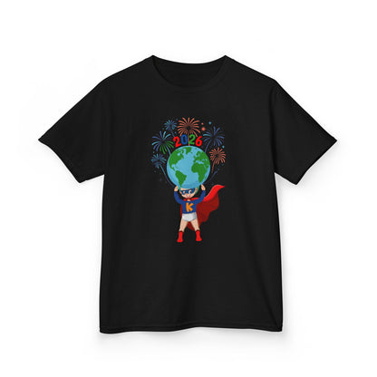 Kids Heavy Cotton™ Tee - Super kiddo holding globe - [[{"value":"Wonderwear Kid"}]]