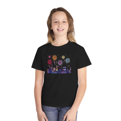 Youth Midweight Tee -  Super kiddo with fireworks - [[{"value":"Wonderwear Kid"}]]