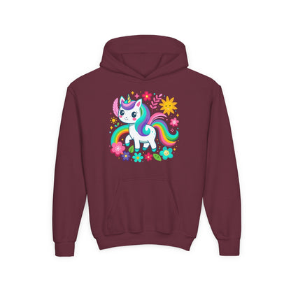 Youth Heavy Blend Hooded Sweatshirt - Unicorn with flowers Printify