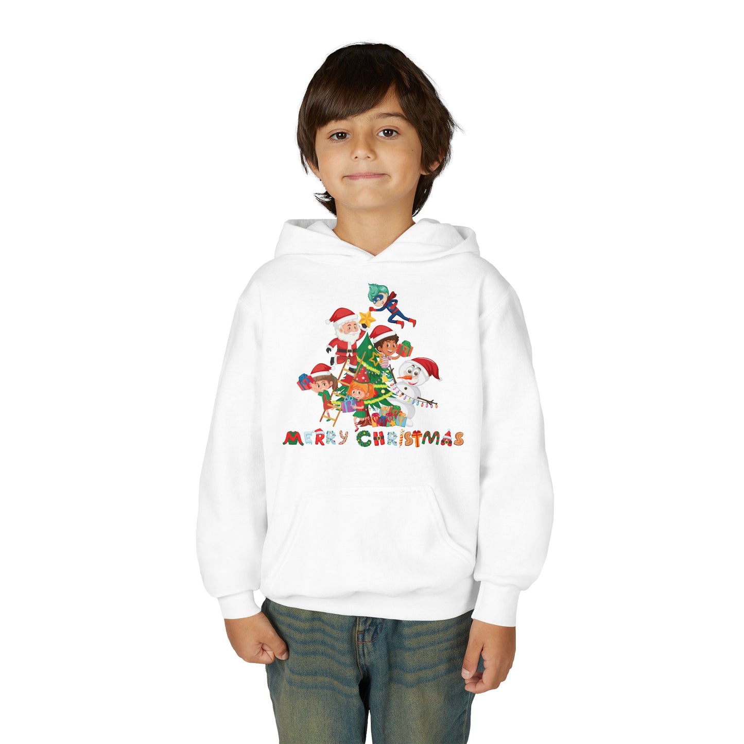 Youth Heavy Blend Hooded Sweatshirt - Super kiddo making christmas tree with text