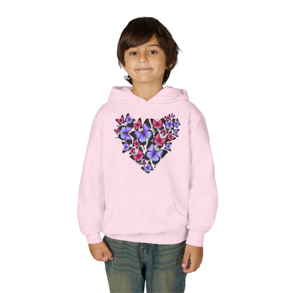 Youth Heavy Blend Hooded Sweatshirt -  Heart shape monarch butterfly Printify