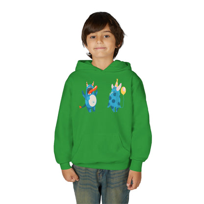 Youth Heavy Blend Hooded Sweatshirt - Blue monsters in action Printify