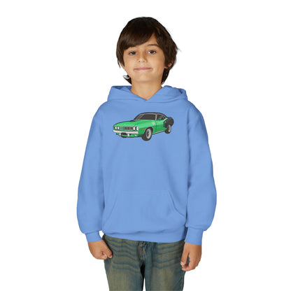 Youth Heavy Blend Hooded Sweatshirt - Vintage green car Printify