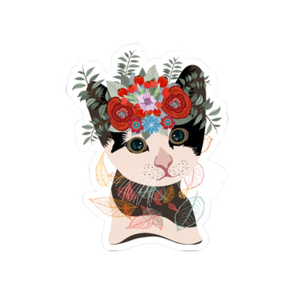 Kiss-Cut Vinyl Decals - Lovely cat with crown flowers Printify