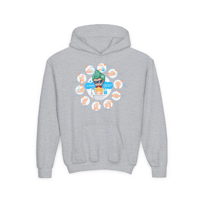 Youth Heavy Blend Hooded Sweatshirt - Super kiddo hand washing steps - [[{"value":"Wonderwear Kid"}]]