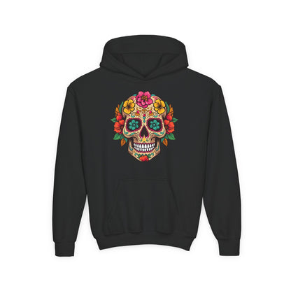 Youth Heavy Blend Hooded Sweatshirt - Colorful Skull Floral Printify