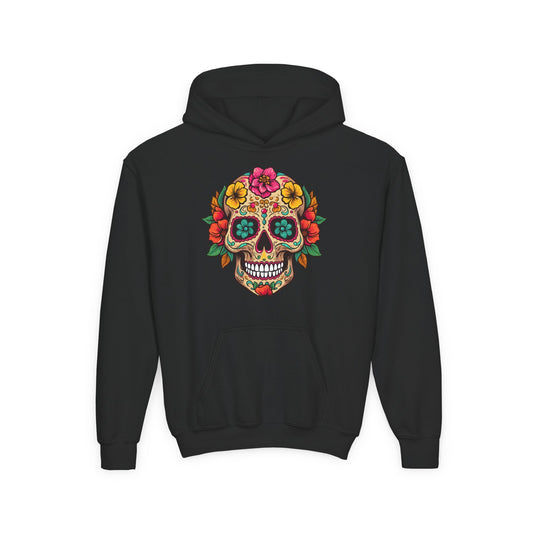Youth Heavy Blend Hooded Sweatshirt - Colorful Skull Floral Printify