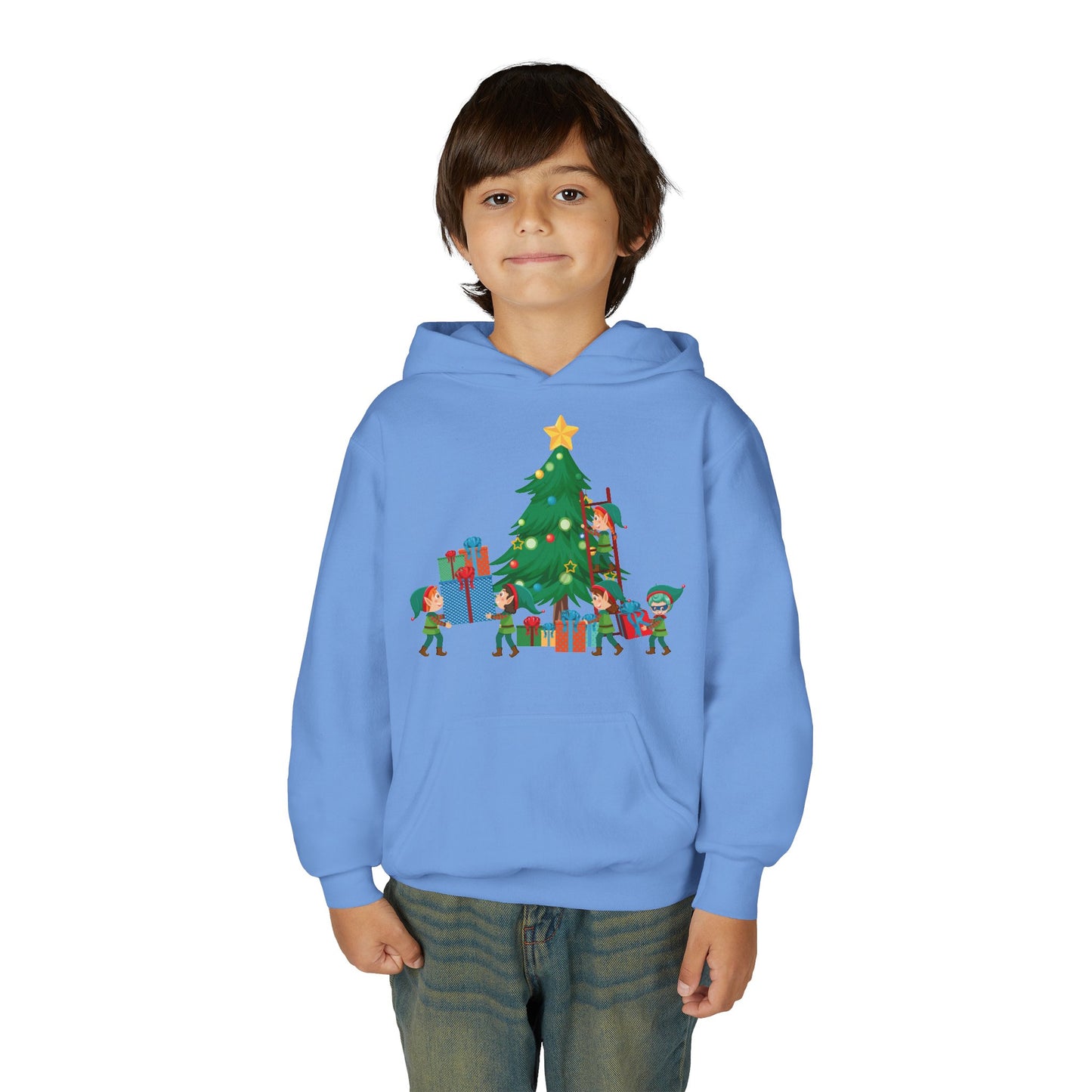 Youth Heavy Blend Hooded Sweatshirt - Super kiddo putting gifts on christmas tree