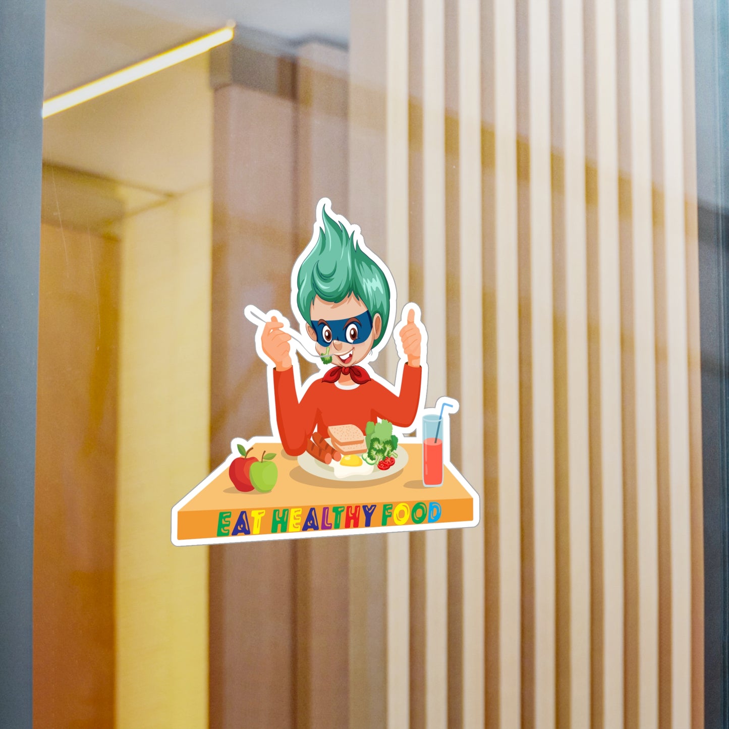 Halloween Kiss-Cut Vinyl Decals – Super kiddo eating healthy breafast - [[{"value":"Wonderwear Kid"}]]