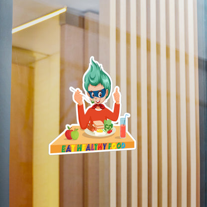 Halloween Kiss-Cut Vinyl Decals – Super kiddo eating healthy breafast - [[{"value":"Wonderwear Kid"}]]