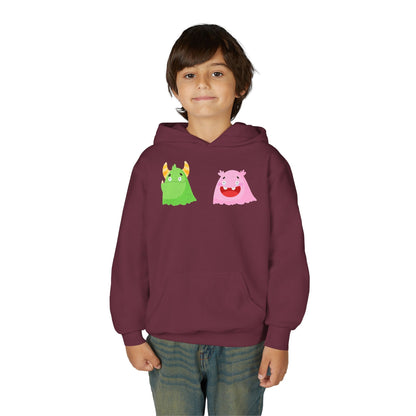 Youth Heavy Blend Hooded Sweatshirt - Green and pink monsters Printify