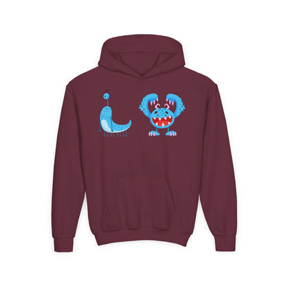 Youth Heavy Blend Hooded Sweatshirt - Happy toothy blue monsters Printify