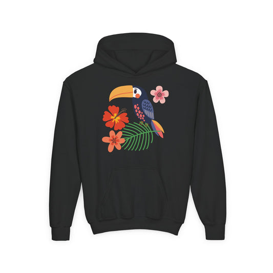 Youth hoodie with vibrant toucan bird design Printify