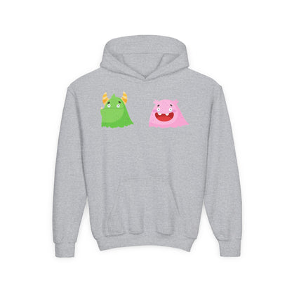 Youth Heavy Blend Hooded Sweatshirt - Green and pink monsters Printify
