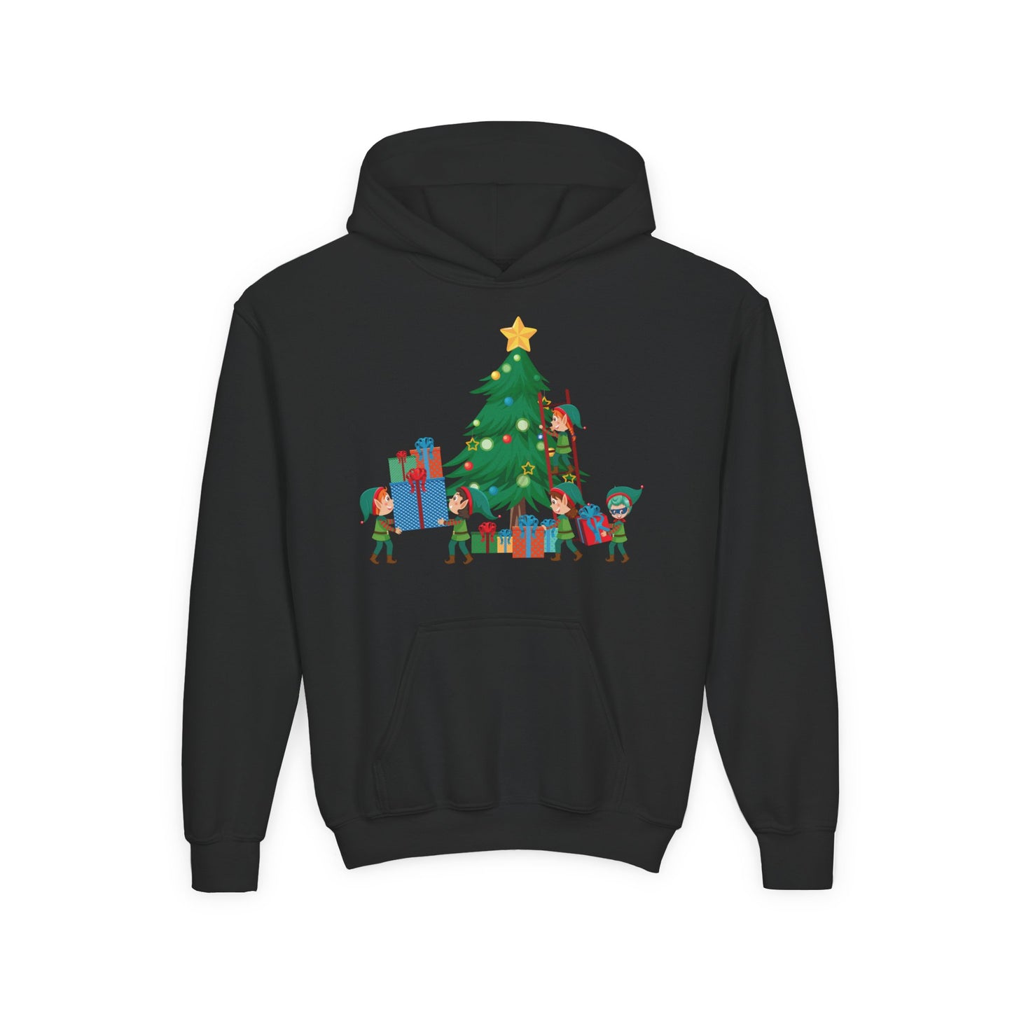 Youth Heavy Blend Hooded Sweatshirt - Super kiddo putting gifts on christmas tree
