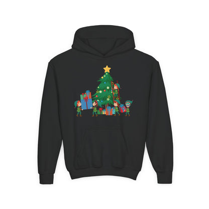 Youth Heavy Blend Hooded Sweatshirt - Super kiddo putting gifts on christmas tree - [[{"value":"Wonderwear Kid"}]]