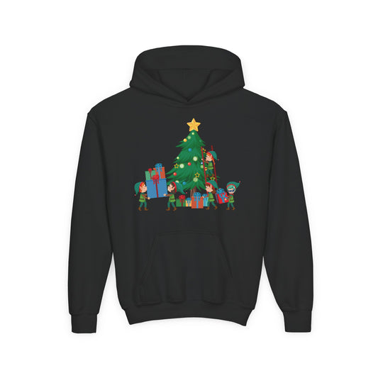 Youth Heavy Blend Hooded Sweatshirt - Super kiddo putting gifts on christmas tree