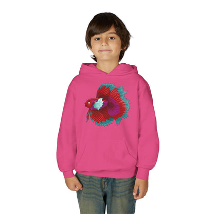 Youth Heavy Blend Hooded Sweatshirt - Red Siamese fighting fish Printify
