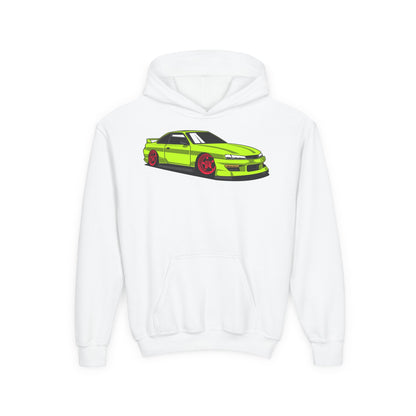 Youth Heavy Blend Hooded Sweatshirt - Yellow green race car Printify