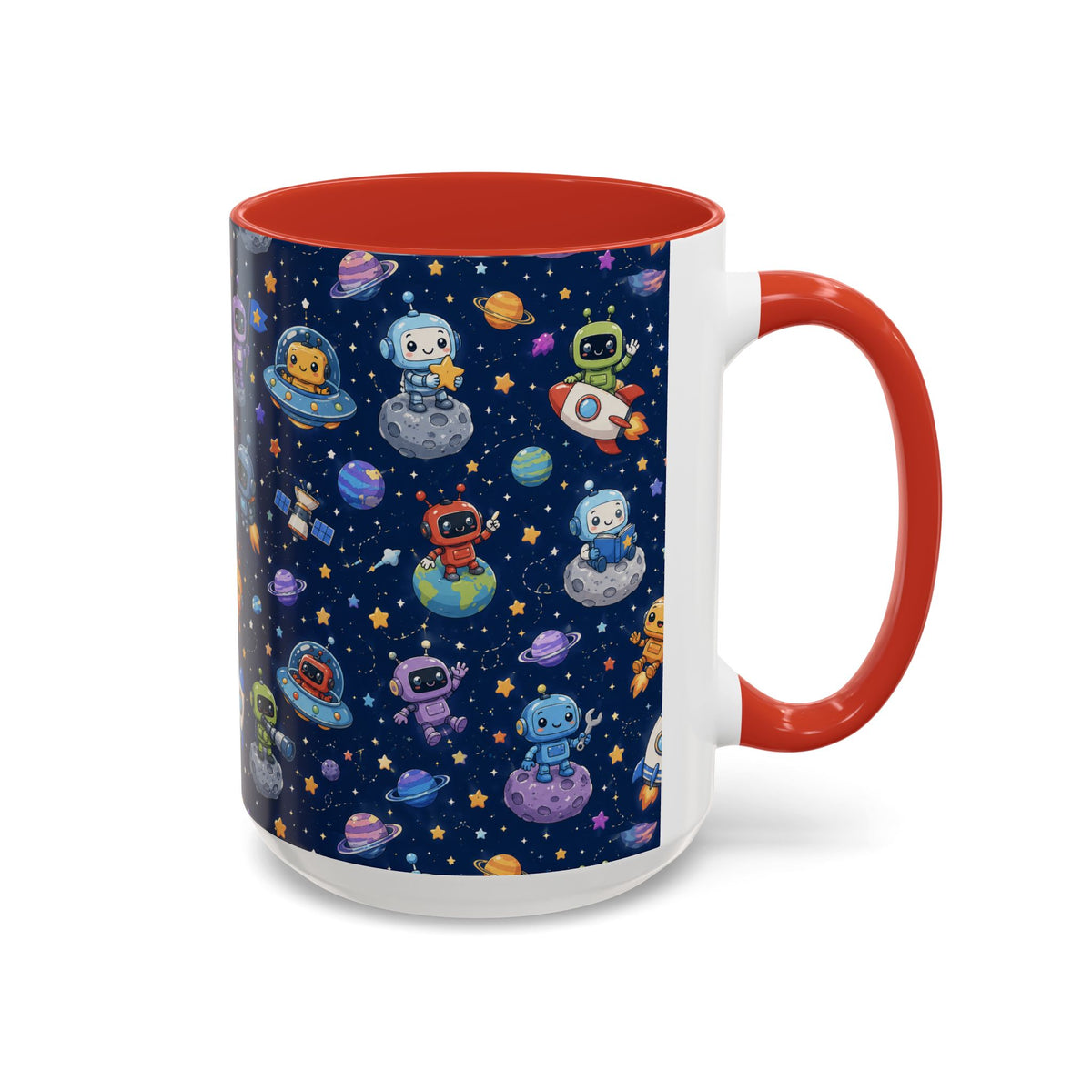 Galactic Robots Accent Coffee Mug — Cute Space Astronaut Pattern (11/15 oz)