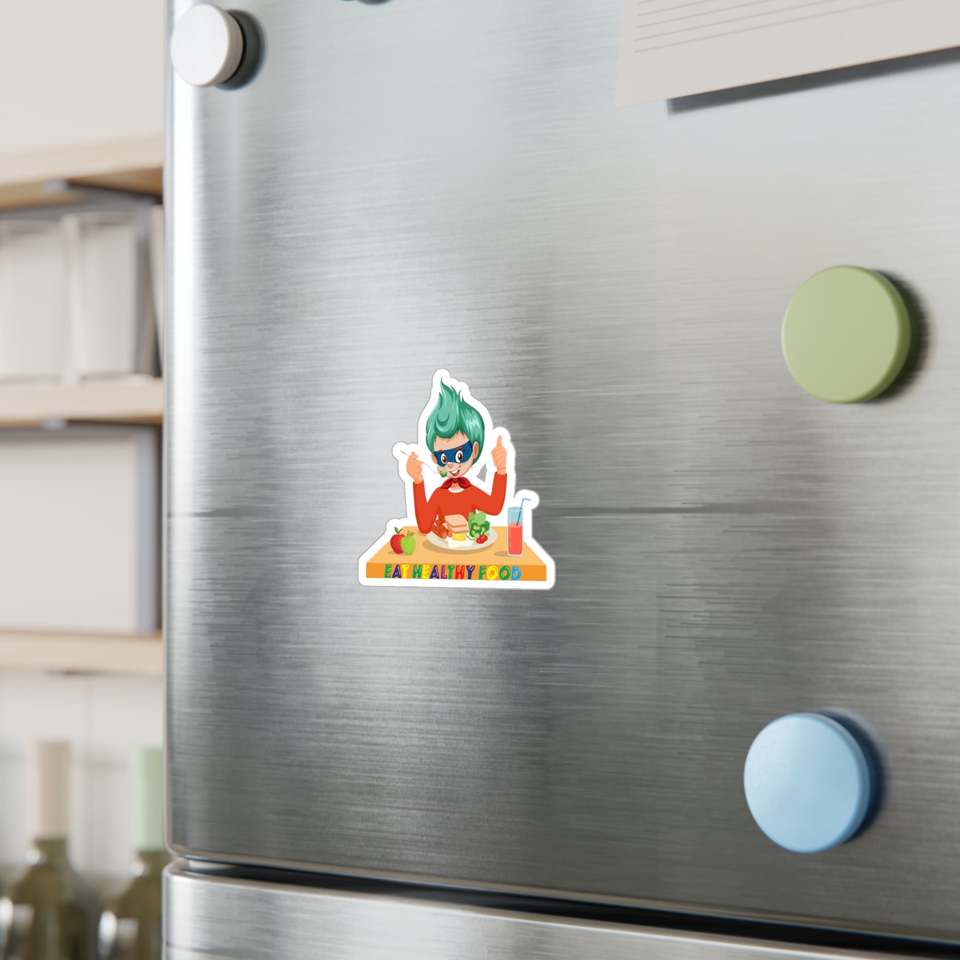 Halloween Kiss-Cut Vinyl Decals – Super kiddo eating healthy breafast - [[{"value":"Wonderwear Kid"}]]