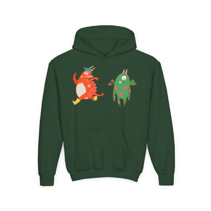 Youth Heavy Blend Hooded Sweatshirt - Monsters in action Printify
