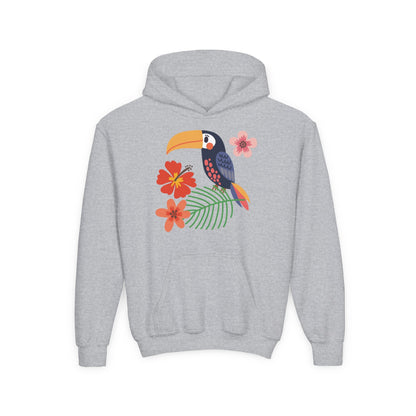 Youth hoodie with vibrant toucan bird design Printify