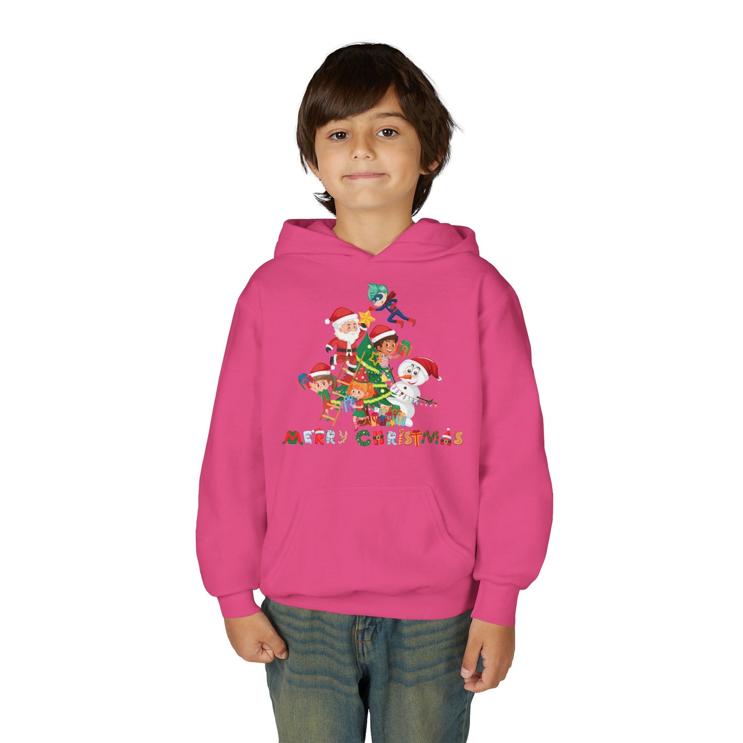 Youth Heavy Blend Hooded Sweatshirt - Super kiddo making christmas tree with text