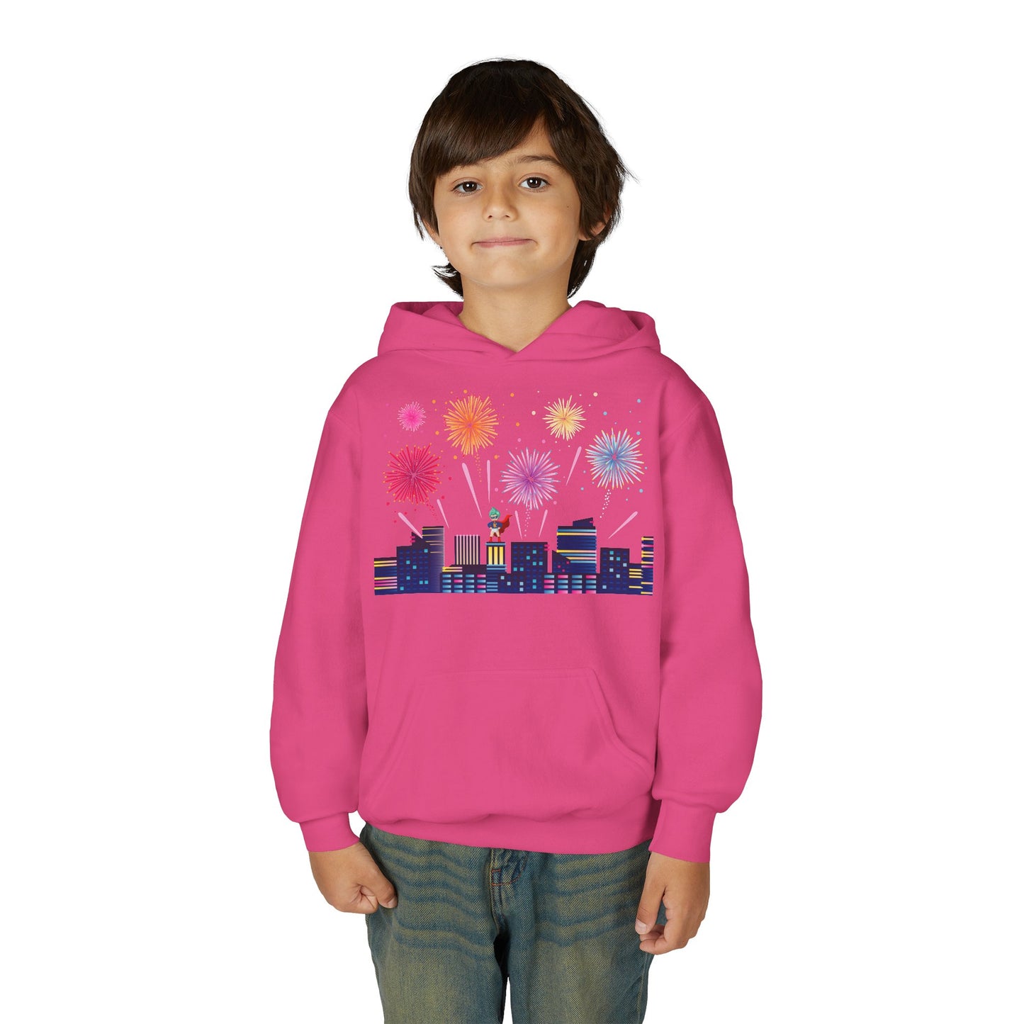 Youth Heavy Blend Hooded Sweatshirt - Super kiddo with fireworks
