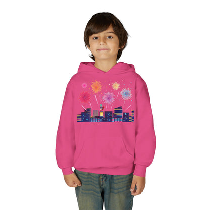 Youth Heavy Blend Hooded Sweatshirt - Super kiddo with fireworks - [[{"value":"Wonderwear Kid"}]]