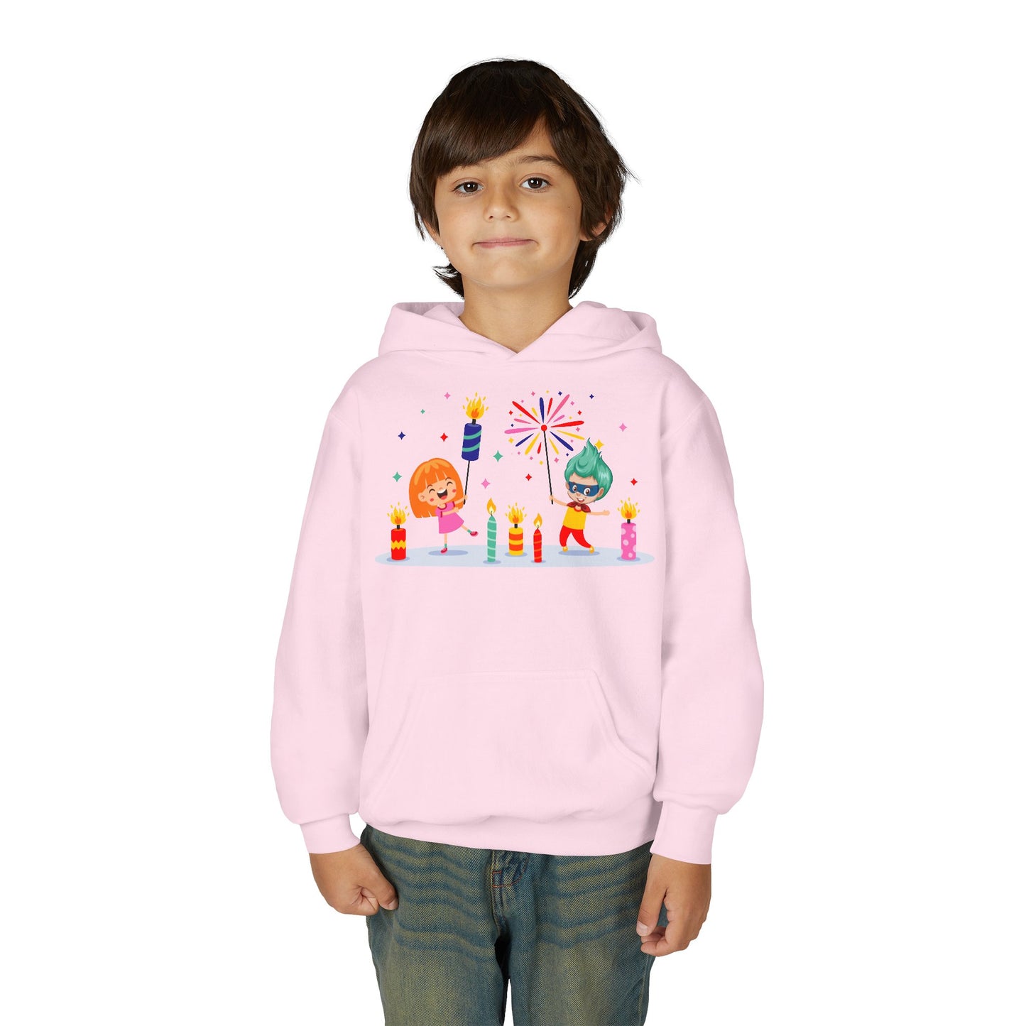 Youth Heavy Blend Hooded Sweatshirt - Super kiddo lighting fireworks