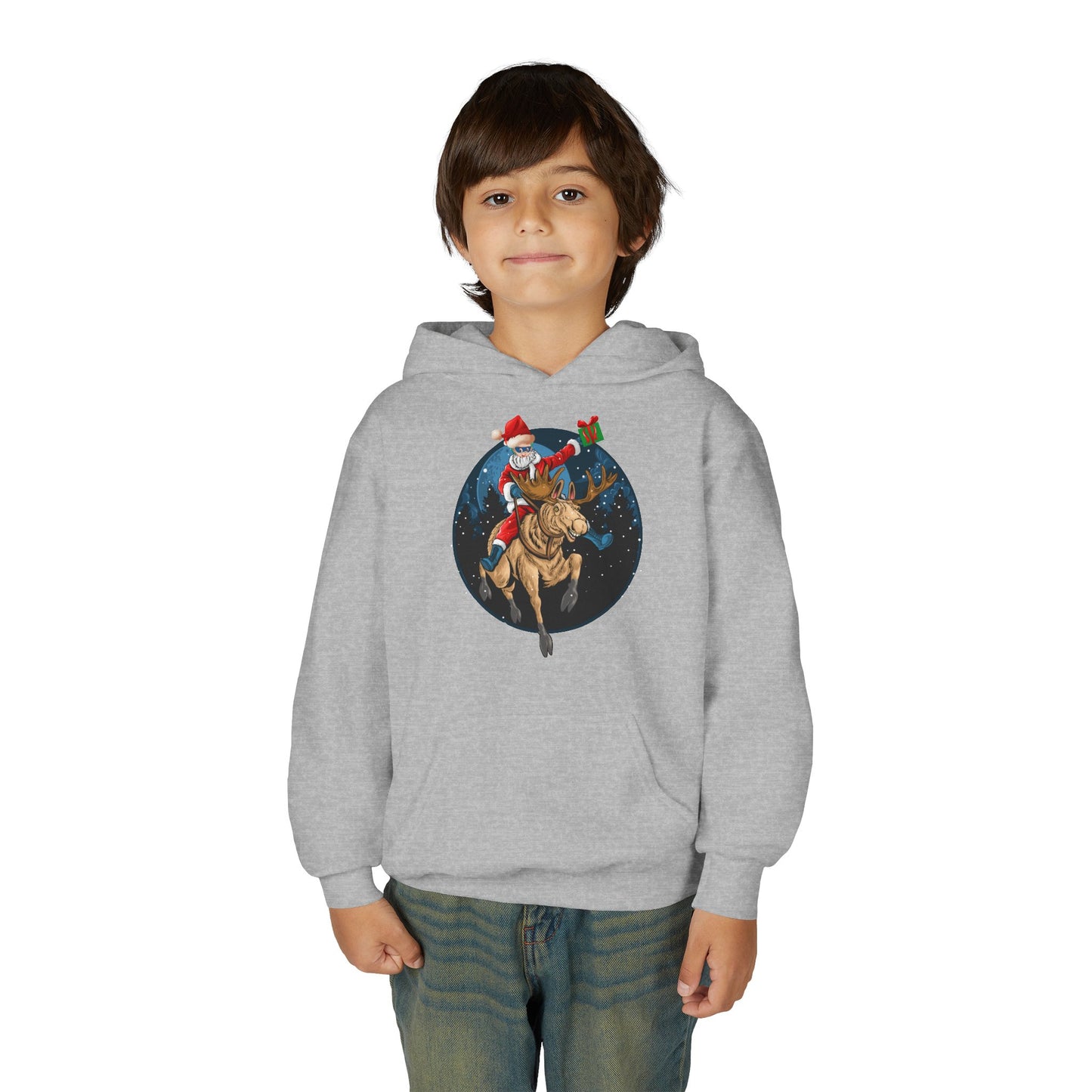 Youth Heavy Blend Hooded Sweatshirt - Super kiddo riding a reindeer