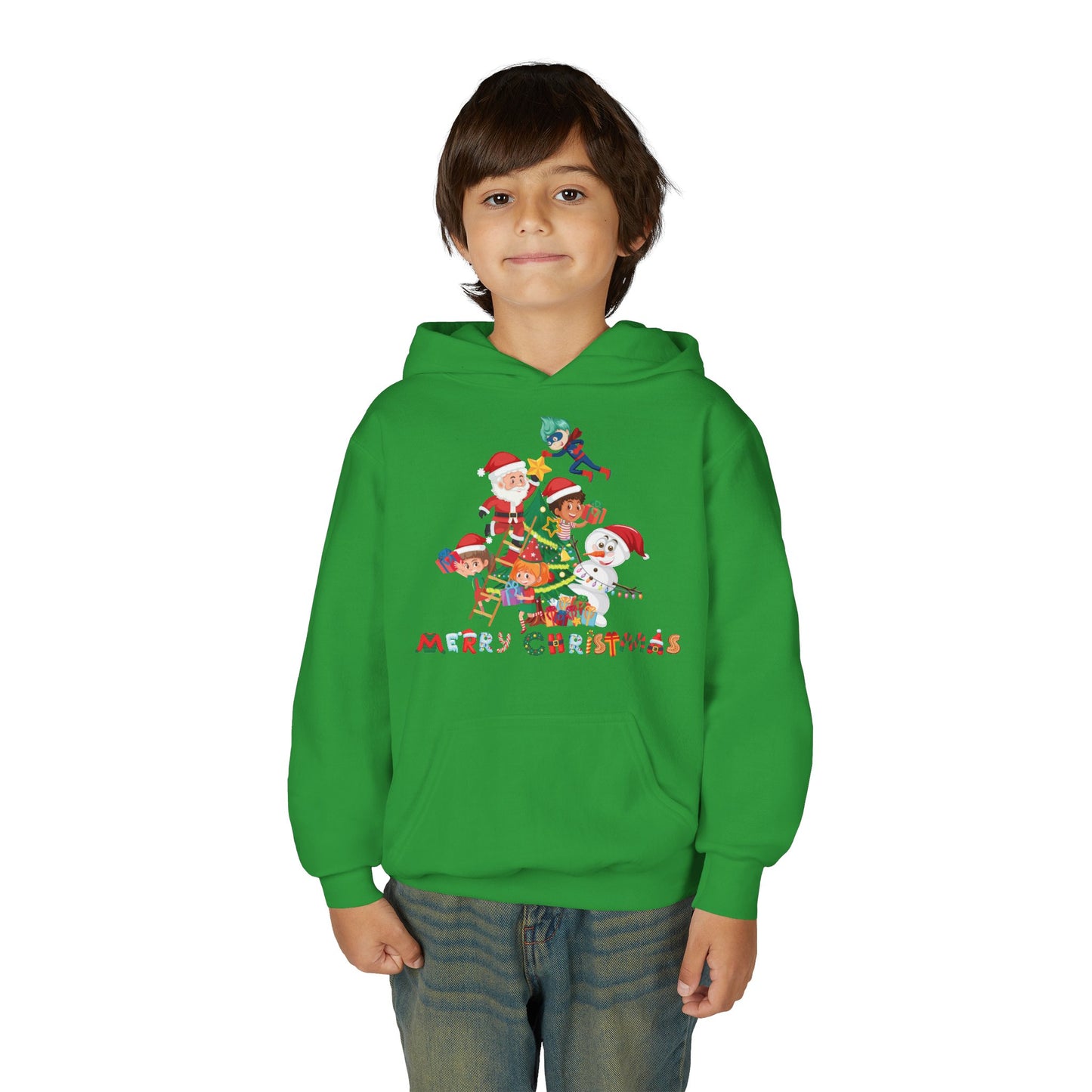 Youth Heavy Blend Hooded Sweatshirt - Super kiddo making christmas tree with text