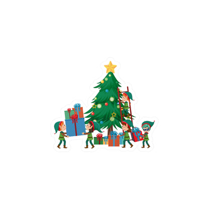 Christmas Kiss-Cut Vinyl Decals – Super kiddo putting gifts on christmas tree - [[{"value":"Wonderwear Kid"}]]
