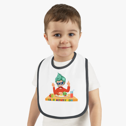Baby Bib - Super kiddo eating healthy breafast - [[{"value":"Wonderwear Kid"}]]
