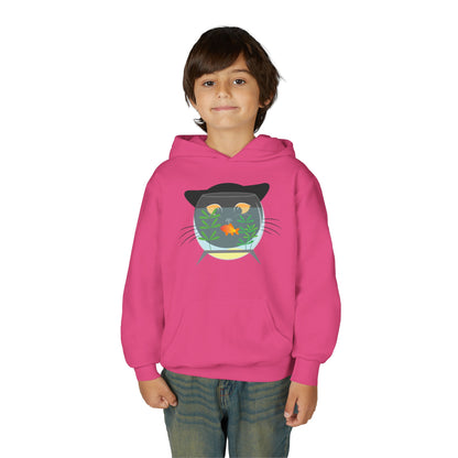 Youth Heavy Blend Hooded Sweatshirt -  Black cat and gold fish Printify