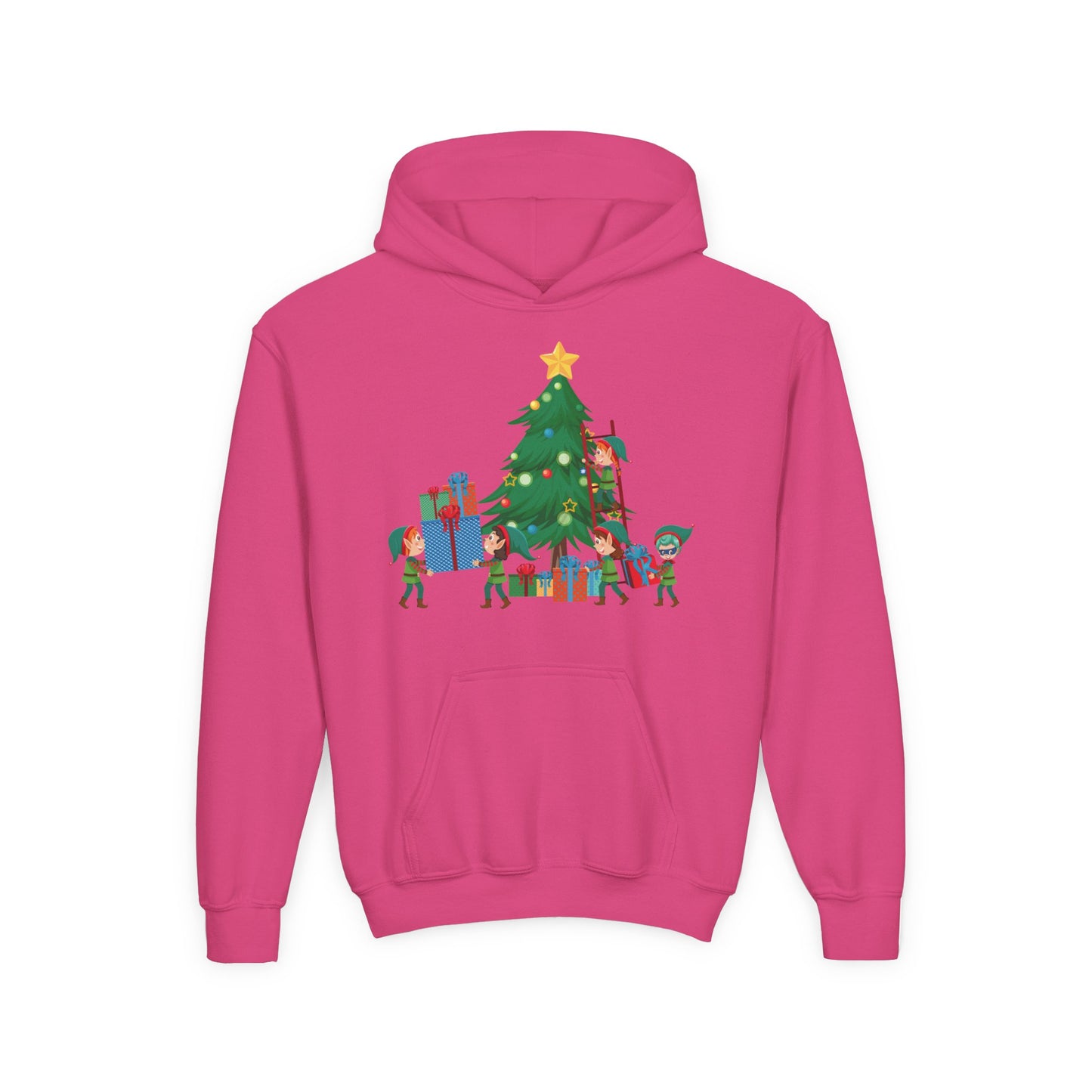 Youth Heavy Blend Hooded Sweatshirt - Super kiddo putting gifts on christmas tree