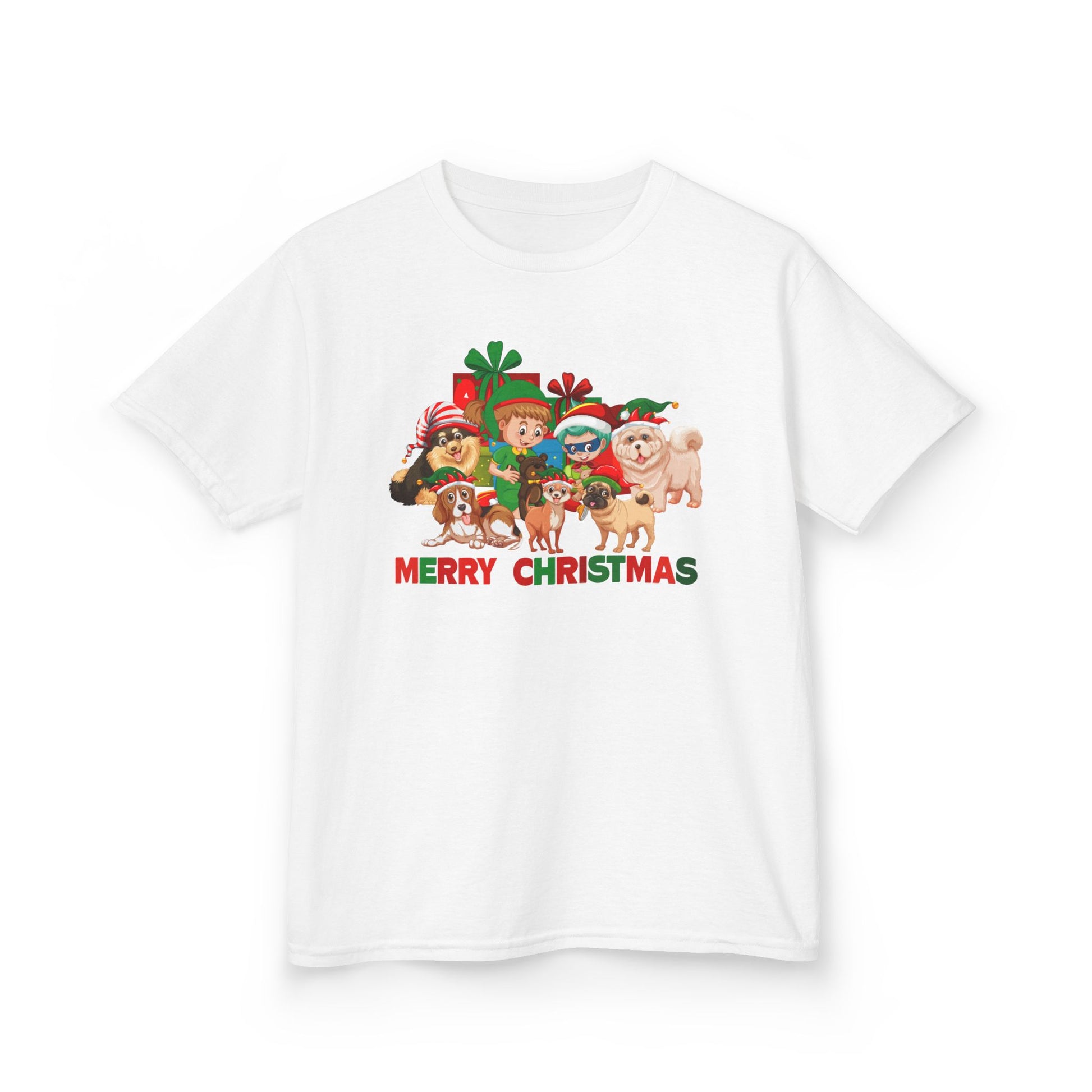 Kids Heavy Cotton™ Tee - Christmas with super kiddo pet friends with text - [[{"value":"Wonderwear Kid"}]]