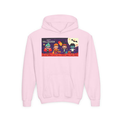Youth Heavy Blend Hooded Sweatshirt - Super kiddo with friends on holloween - [[{"value":"Wonderwear Kid"}]]