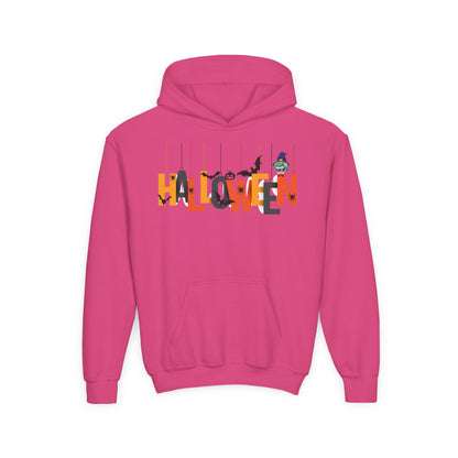Youth Heavy Blend Hooded Sweatshirt - Holloween hanging letters Printify