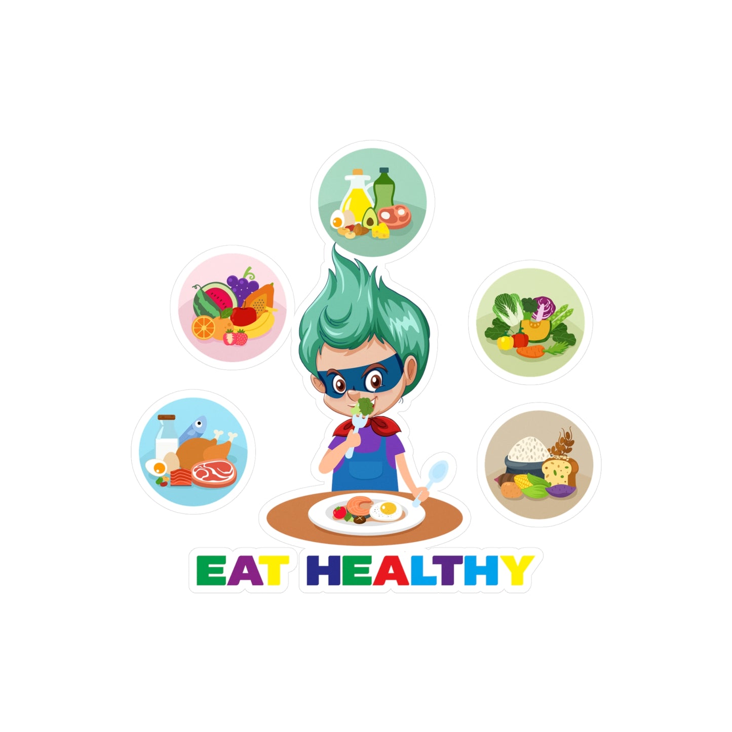 Halloween Kiss-Cut Vinyl Decals – Supper kiddo showing healthy food to eat - [[{"value":"Wonderwear Kid"}]]