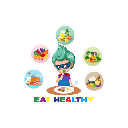 Halloween Kiss-Cut Vinyl Decals – Supper kiddo showing healthy food to eat - [[{"value":"Wonderwear Kid"}]]