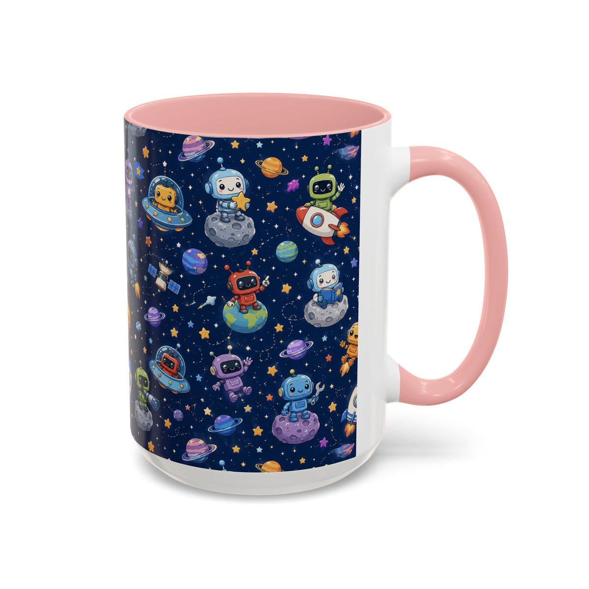 Galactic Robots Accent Coffee Mug — Cute Space Astronaut Pattern (11/15 oz)